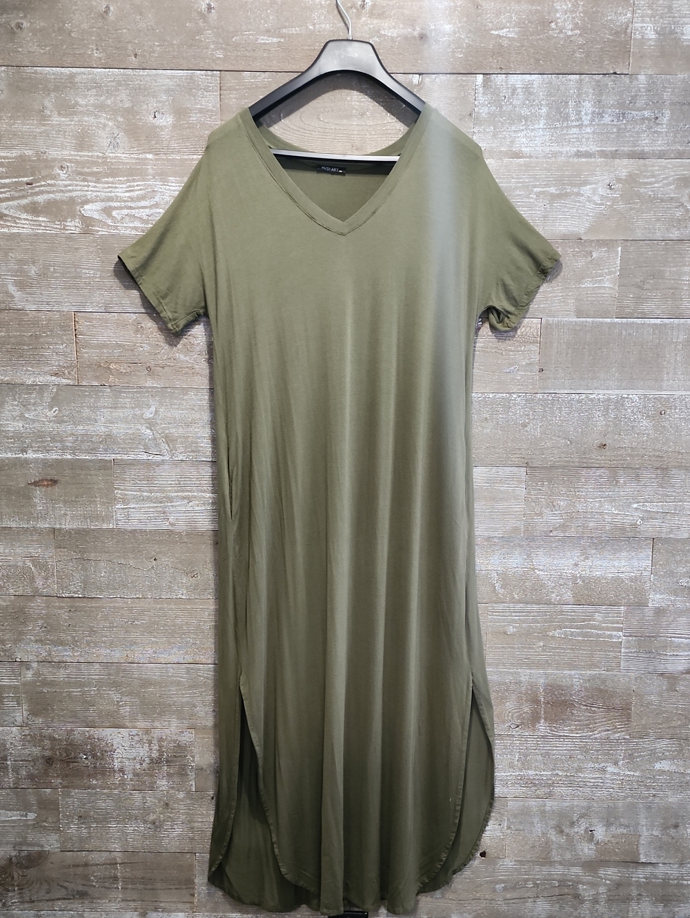 Olive V-Neck Maxi Dress with Side Slits - Women's